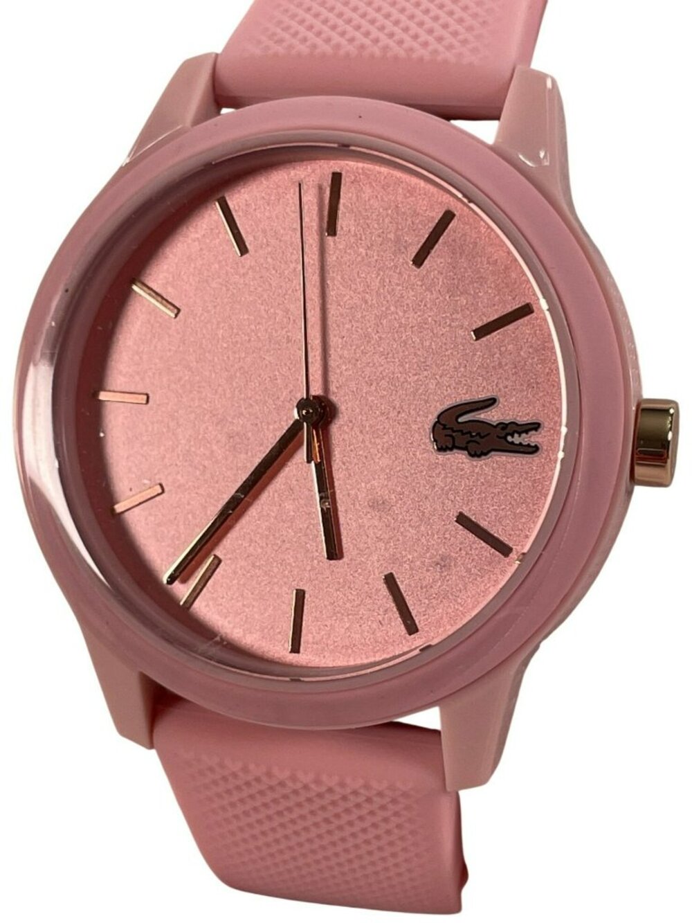 Lacoste Pink TR90 Watch Silicone Strap Rose Gold Accents Logo Women's NEW W/BOX